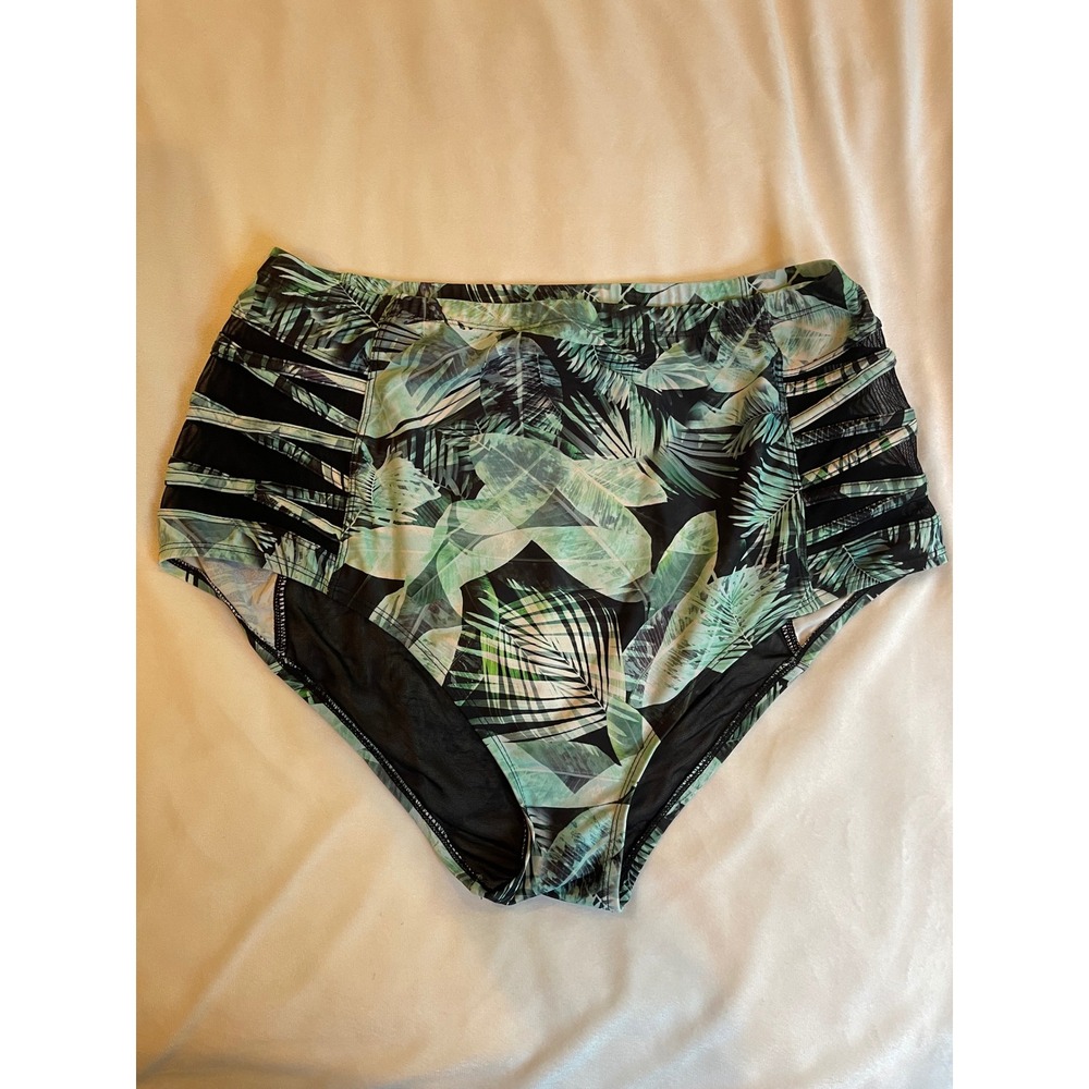 Torrid Tropical Palm Print High Waist Bikini Bottoms Mesh Lattice Sides Green 2
